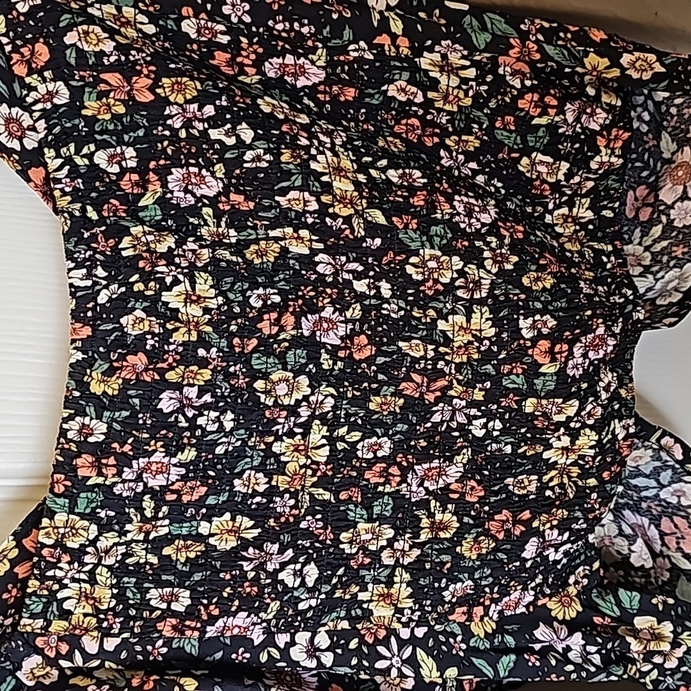 Elodie Floral Black Yellow Pink Elasticized Off Shoulder Rucshed Side Tie Top S - Picture 11 of 13